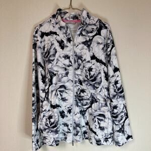 Isaac Mizrahi Live Women's Sweat Jacket Size L Zip Front Black White Floral
